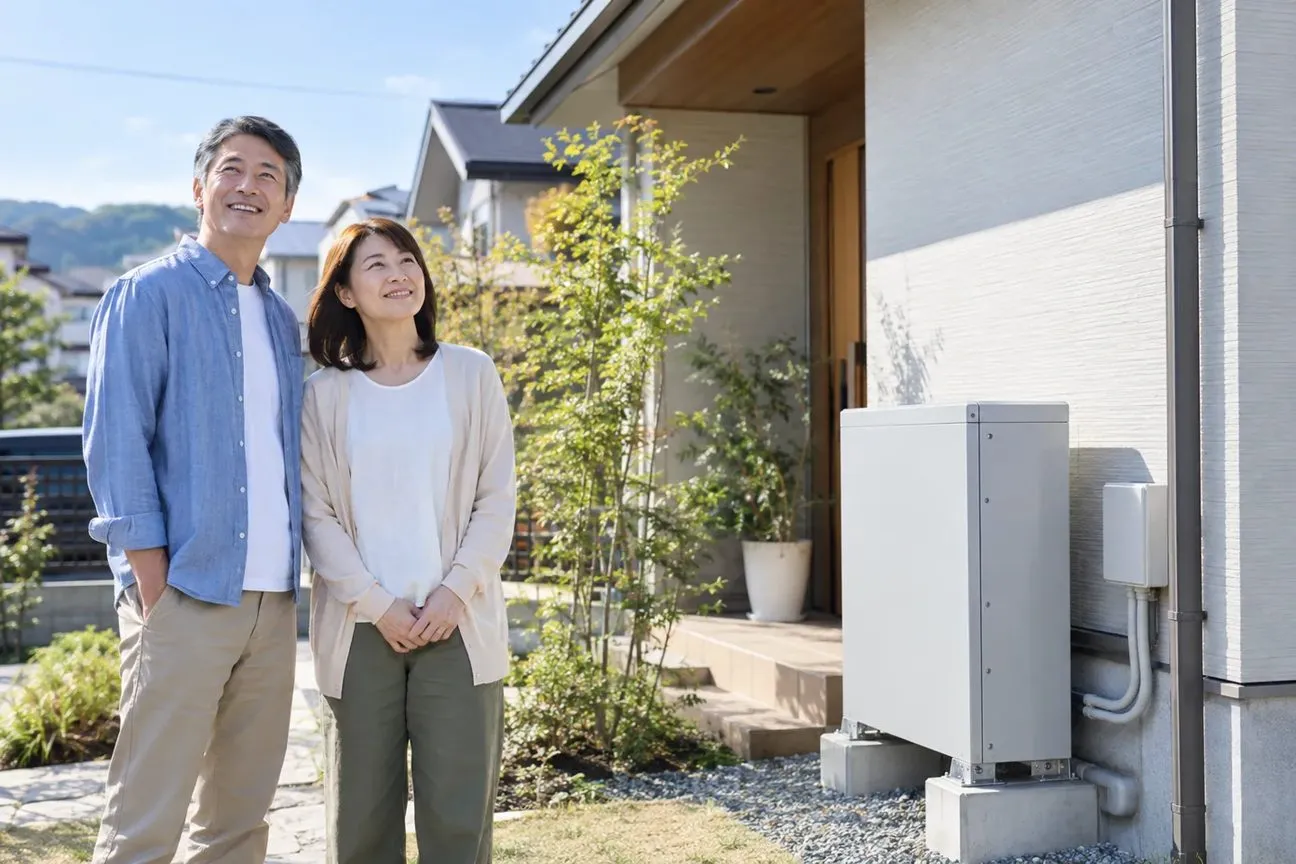 家庭用蓄電池を備えた住宅で暮らす50代夫婦