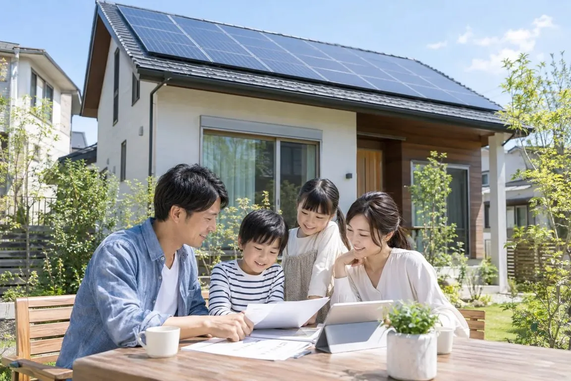 太陽光パネルのある住宅で過ごす40代夫婦と子ども2人