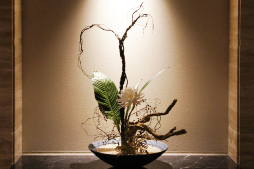 黒い浅鉢に白い花と緑の葉のモダンな和風生け花